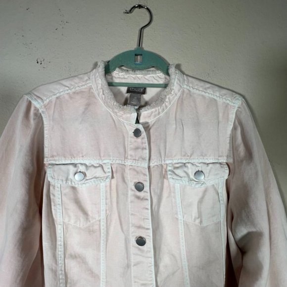 Chico's Pink Faded Jacket Fringe Button Up Size Large Cotton Linen - Picture 5 of 11
